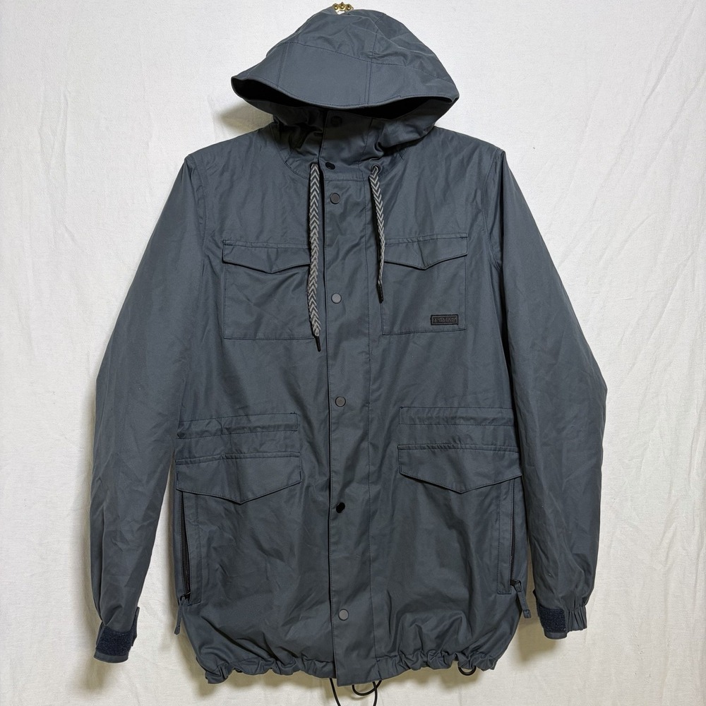Volcom Women's Ski/ Snowboard Jacket Grey Blue Medium Billed Hood Checkered
